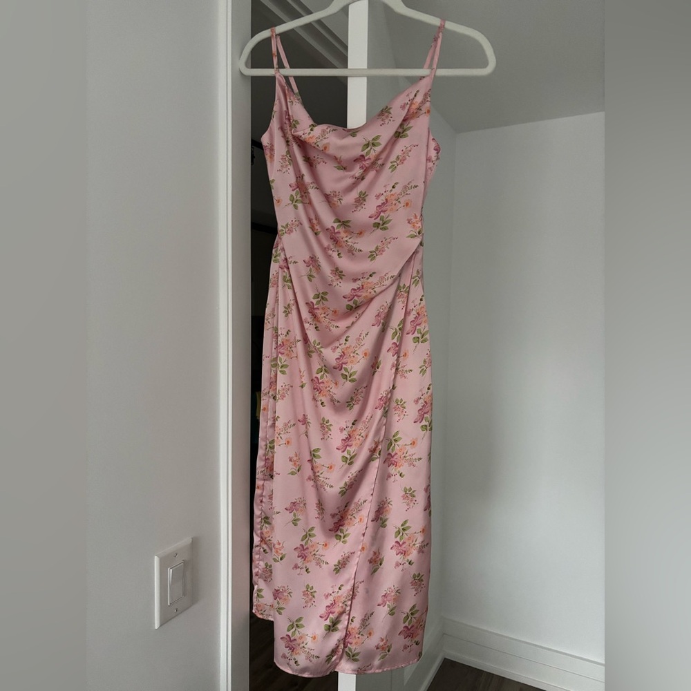 Pink floral slip dress cowl neck
